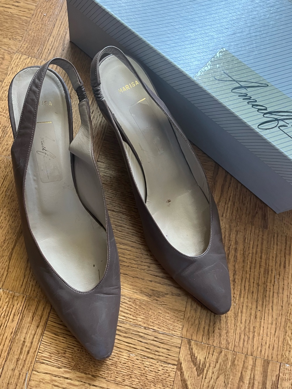 Amalfi by Rangoni Marisa Taupe Leather Slingback Heels 8AA Made in Italy